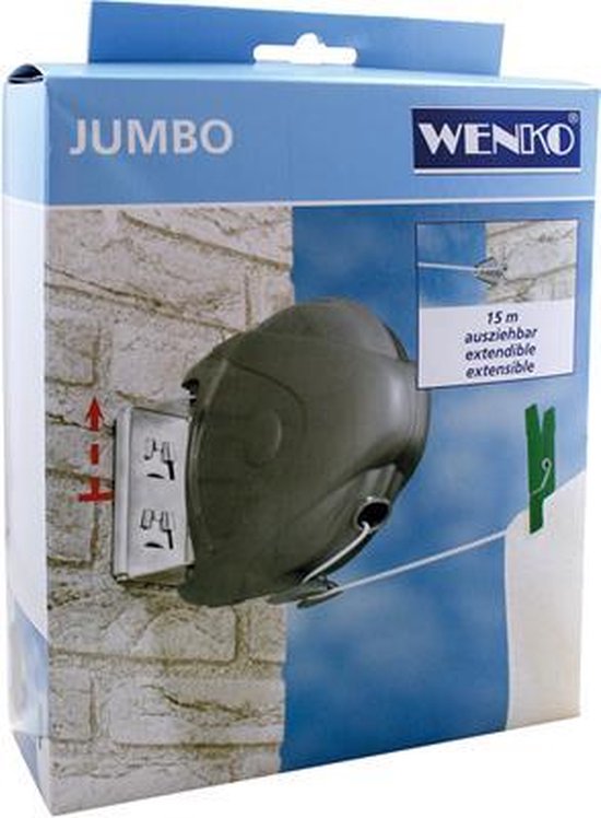 WENKO Waslijn Jumbo 15 meter - Drooglijn - Roldrooglijn uittrekbaar - Waslijndraad automatisch oprolbaar