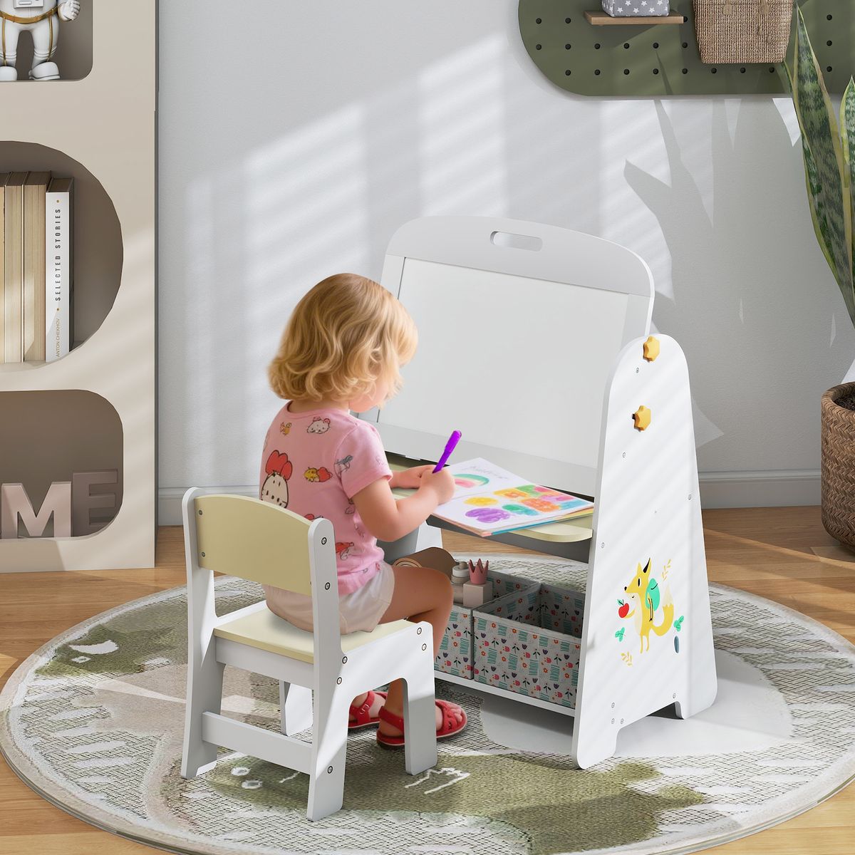Coast Kindertafelset met Stoel - 4-in-1 ontwerp - Boekenrek en opbergruimte - Natuur