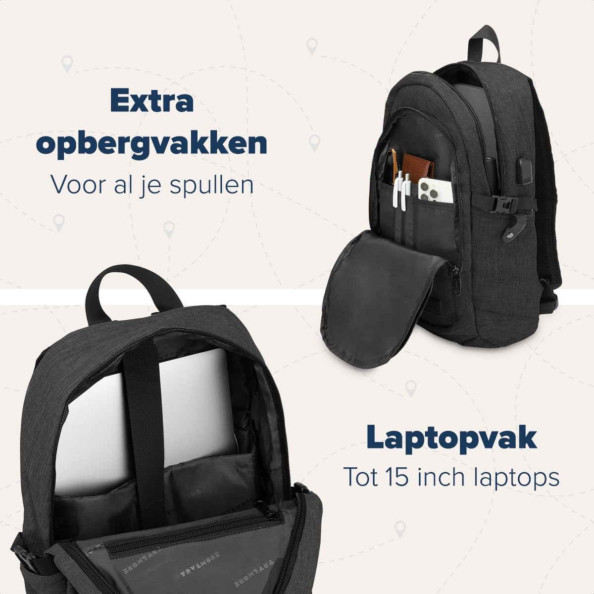 TRVLMORE Rugzak - 25L - 15,6 inch - Laptop Rugtas - Schooltas - Unisex - Spatwaterdicht Antraciet