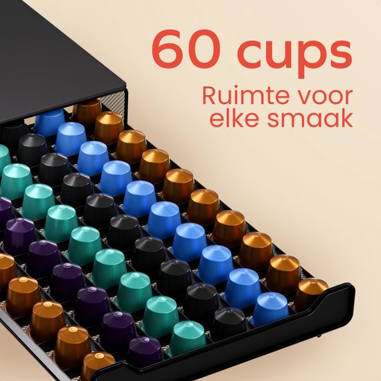 KitchenBrothers Koffiecups Houder - Capsulehouder - Geschikt voor Nespresso - 60 Cups - Cuphouder - Met Lade - Zwart