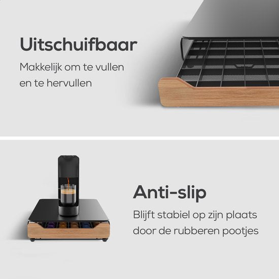 KitchenLove Capsulehouder – Met Lade – 60 Cups – 41,5 x 26,5 x 8 cm – Zwart/Hout