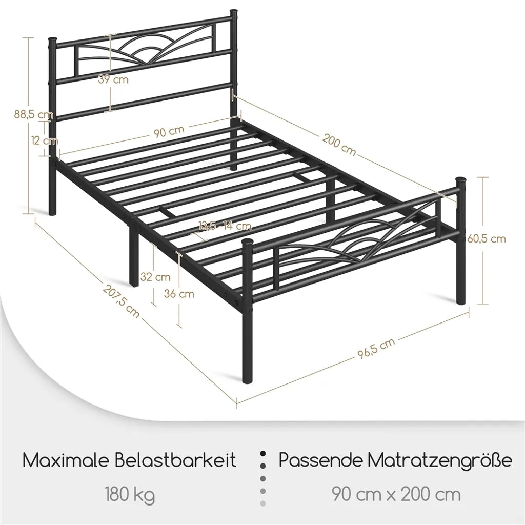 Yaheetech Metalen Bedframe 90 x 200 cm - Zwart - Met Wolkenpatroon Hoofdbord