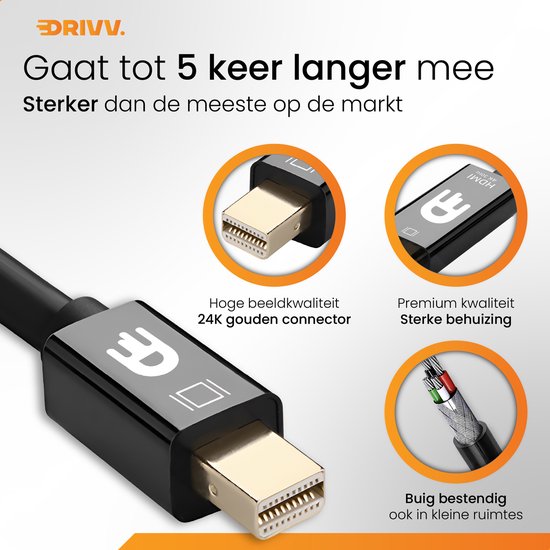 Drivv. Premium Mini DisplayPort naar HDMI Kabel - Thunderbolt naar HDMI - Thunderbolt 1/2 - 4K 30Hz - Zwart - 1.8 meter