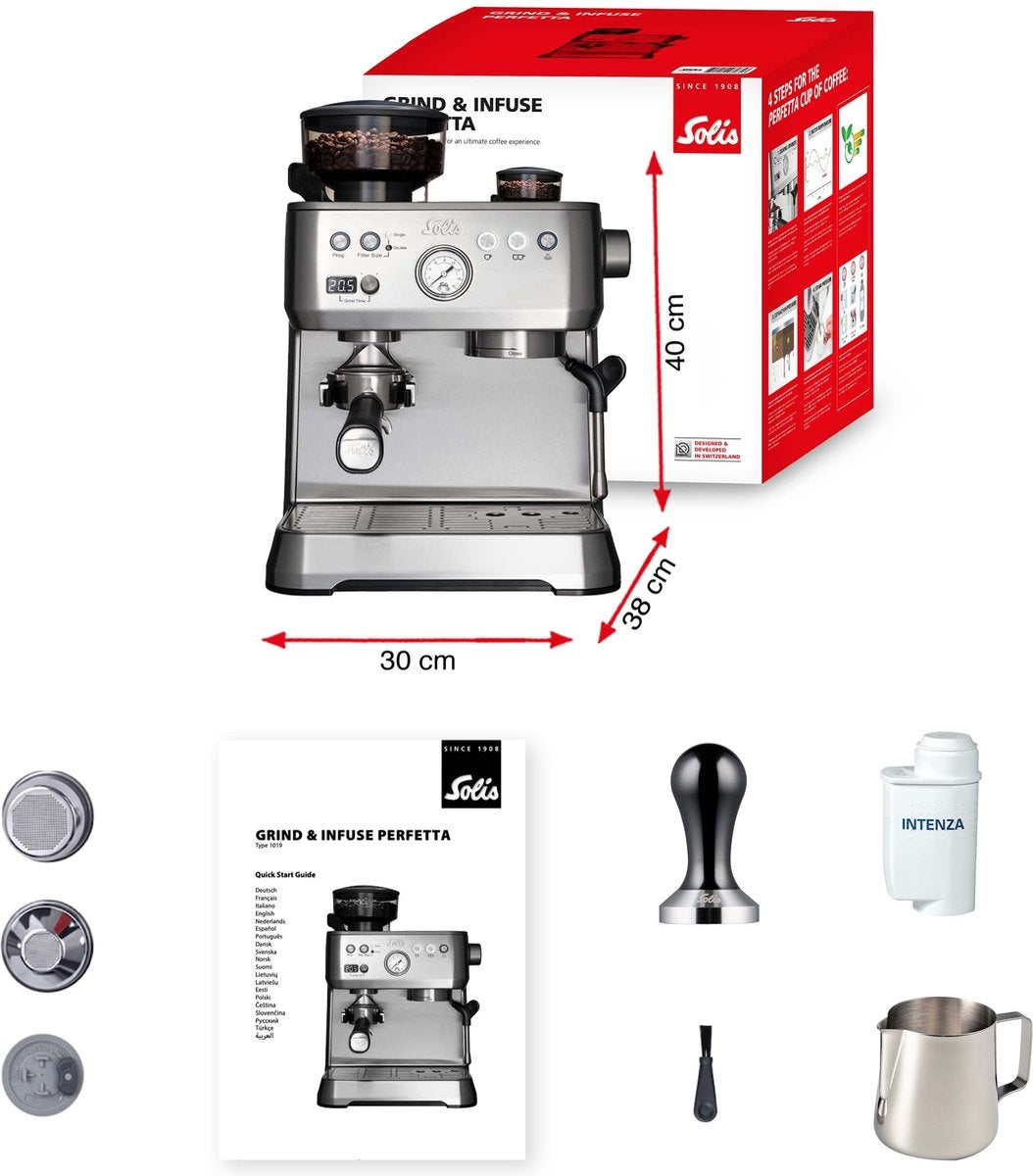 Solis Grind & Infuse Perfetta 1019 - Espressomachine met Antistatische Koffiemolen - 40 x 30 x 38 cm - Zilver