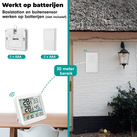 Iqonic Draadloos Weerstation - Voor Binnen en Buiten - Op Batterijen - Luchtvochtigheidsmeter - Met Buitensensor - Wit