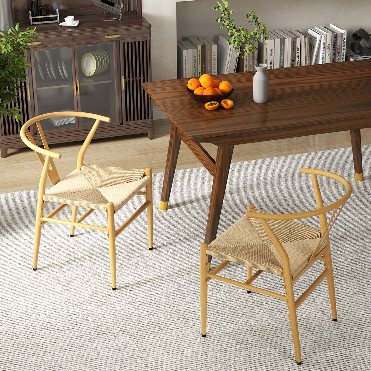Coast Eetkamerstoelen Set van 2 - Y-vormige rugleuning - Gevlochten rattan zitting - Naturel