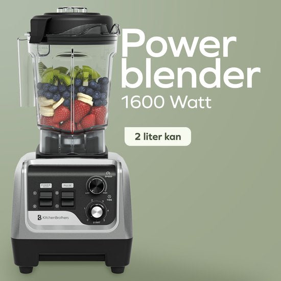 KitchenBrothers Power Blender - 1600W - 2L - Smoothie Maker - IJscrusher - Metallic Grijs
