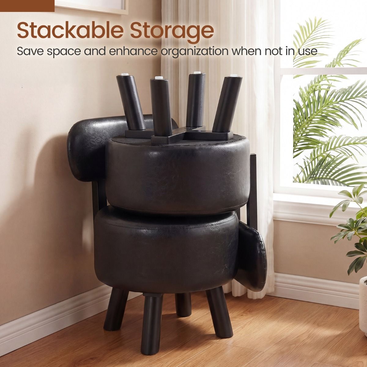 Coast voetenbank met rugleuning - gestoffeerde poef - kunstleer - zwart - set van 2