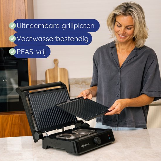 Safecourt Kitchen Tosti apparaat – Paninigrill en Tosti ijzer – Uitneembare PFAS-vrije platen & vaatwasserbestendig – Groot grilloppervlak – Snel warm – Contactgrill - Zwart