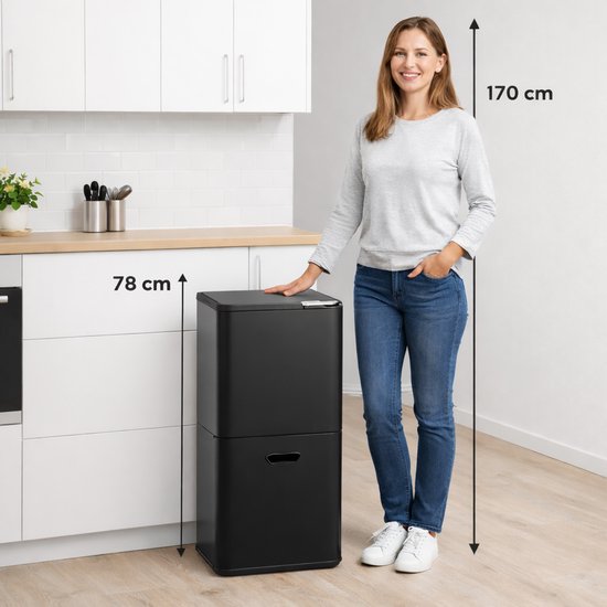 Bayt Prullenbak 60 Liter - Vuilnisbak 60 Liter - Prullenbak Afvalscheiding - 2 Compartimenten - RVS - Zwart