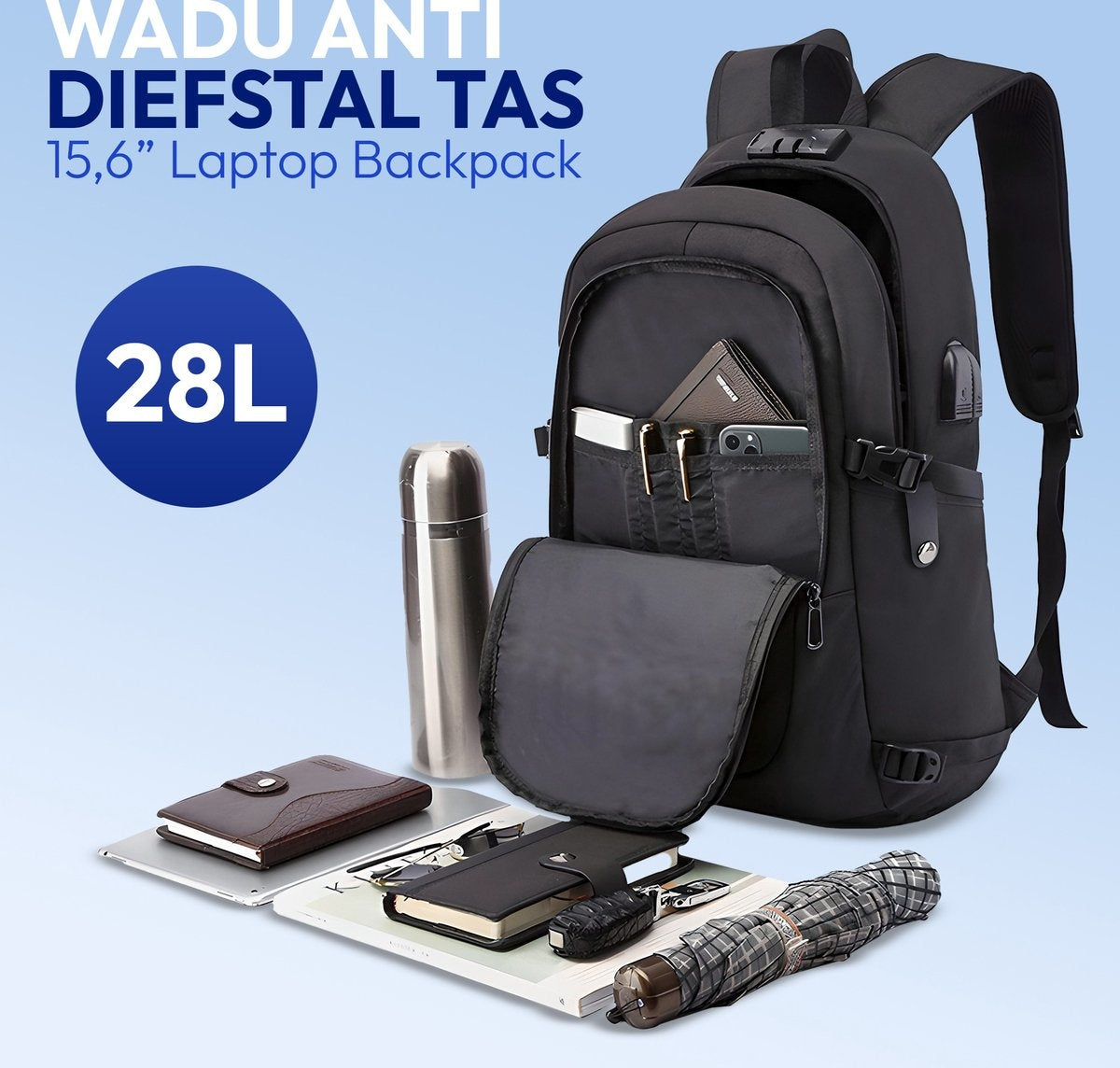 Laptop rugzak - Schooltas - Backpack - Laptoptas - USB oplaadstation - Waterafstotend stof - 14 t/m 15.6 inch - Zwart