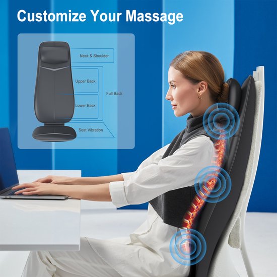RENPHO Shiatsu massagekussen - Volledige rug- en nekmassage – Met warmte en vibratie – Instelbare zones en intensiteit – Automatische hoogteherkenning – Geschikt voor elke stoel – Ideaal voor thuis of op kantoor