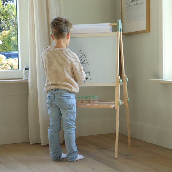 Sunny Luna Activiteiten Ezel – Verstelbare Houten Kinder Ezeltje – Speelezel met Whiteboard & Krijtbord – Magnetisch Bord – Inclusief Papierrol, Bekers & Accessoires – Educatief Speelgoed
