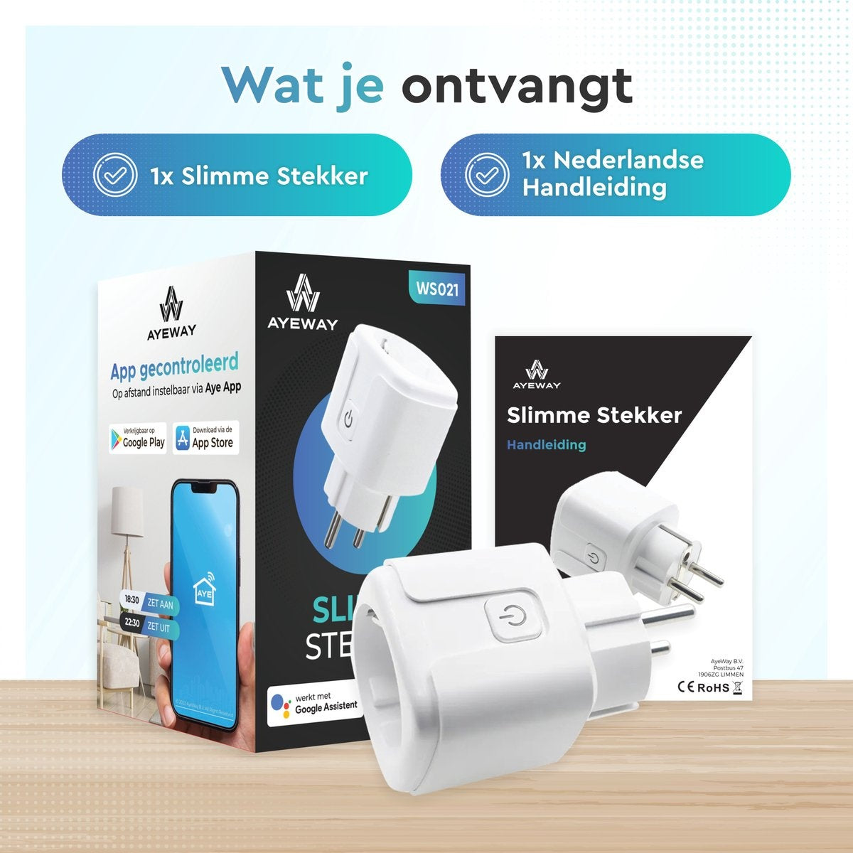 AyeWay Slimme Stekker met Energiemeter - Smart Plug - WiFi Stopcontact - Werkt met Google Home & Alexa - iOS & Android - 1 Stuk