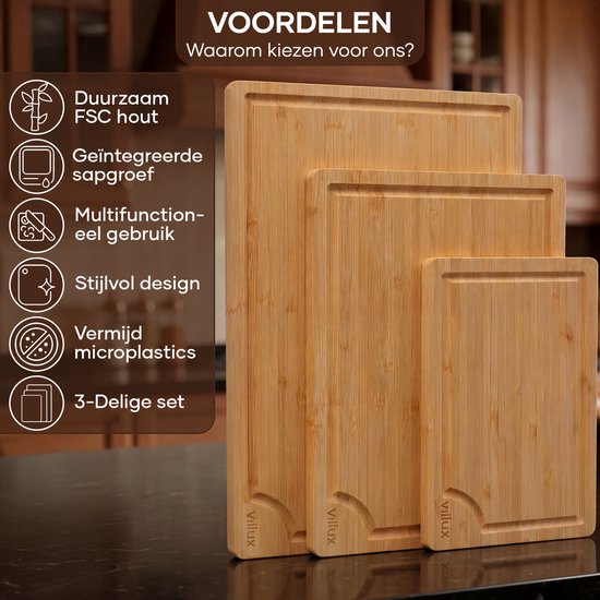 Villux Snijplank - Snijplankenset - Snijplank Hout - Snijplanken - Snijplank Bamboe - Houten Snijplank - Tapasplank - Borrelplank - Serveerplank - Hapjesplank - Inclusief eBook - 3 Stuks - Bamboe