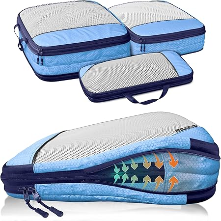 LOONARA Packing Cubes - Compressie Reisorganizer - 3-Delige Set - Mariner's Azure - Voor Koffer & Rugzak - Lichtgewicht & Duurzaam - Bespaar tot 50% Ruimte