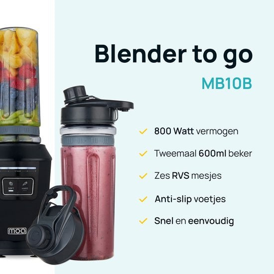 MOA Blender - Blender to Go - Mini Blender - 2 Tritan Bekers van 600ml - Smoothie Maker - 800W - Zwart - MB10B