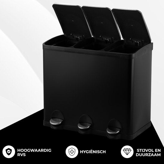 Bayt Prullenbak - Prullenbak 60 Liter - Vuilnisbak 60 liter - Pedaalemmer 60 Liter - Prullenbak 3 vakken - Prullenbak Afvalscheiding - 3x 20 liter - RVS - Zwart