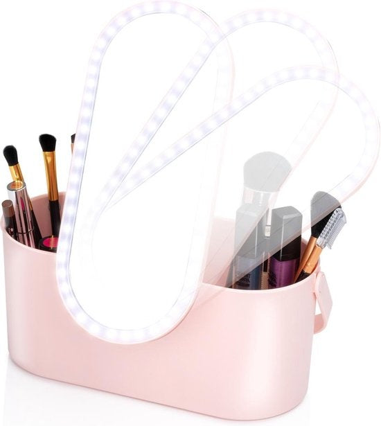 Touch Of Beauty Make Up Organizer met LED Spiegel - Reis Beautycase - 24,1 x 10,4 x 11,7CM - Verstelbaar LED-Licht - Incl. USB-Oplaadkabel - Kunststof - Roze