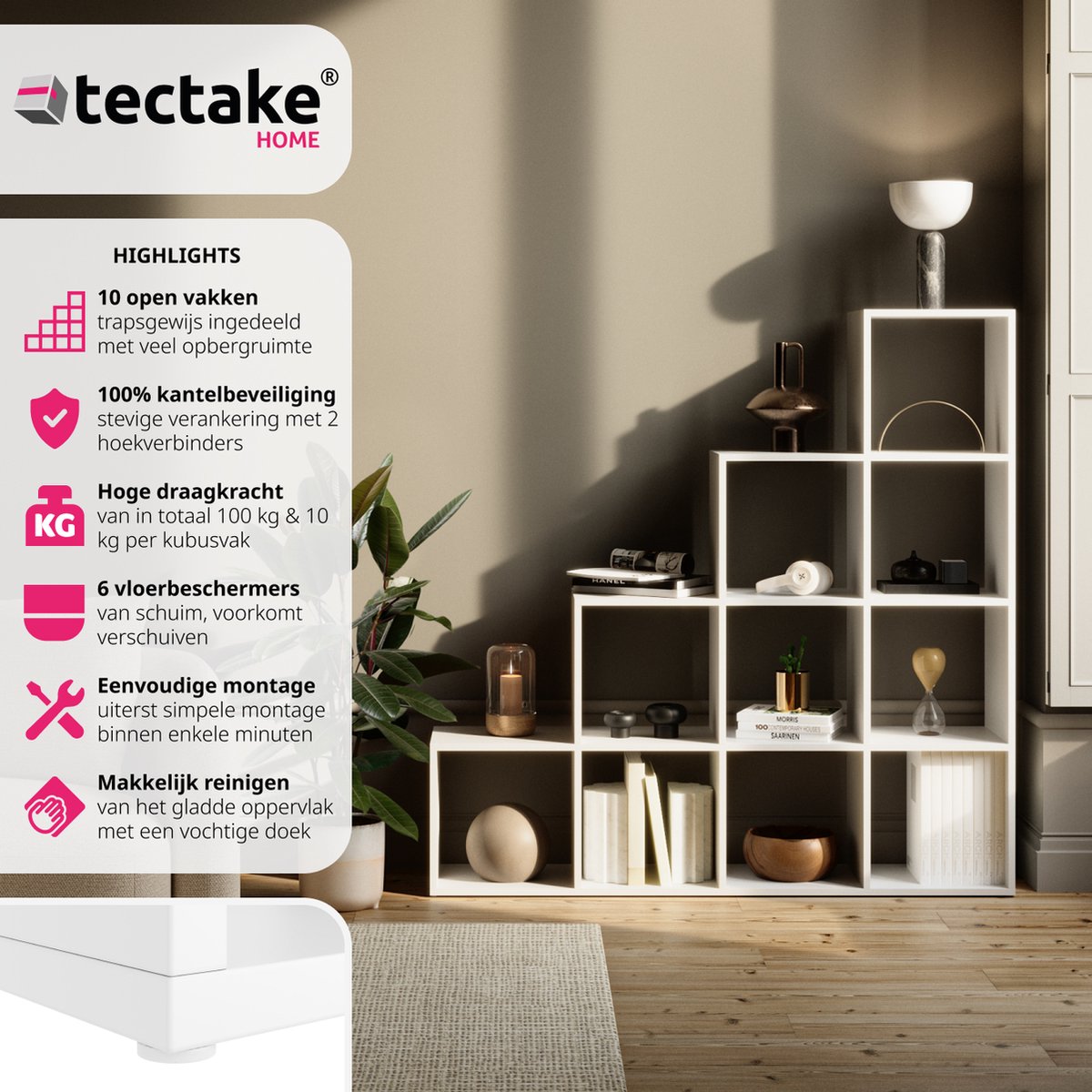 tectake boekenkast Talisa - Open kast met 10 vakken - Trapvormig design - 130 x 29 x 130 cm - Wit
