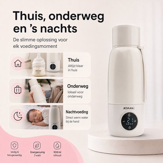Koraki® Thermosfles Flessenwarmer - Draadloze Flesverwarmer - Voor onderweg - 500ml