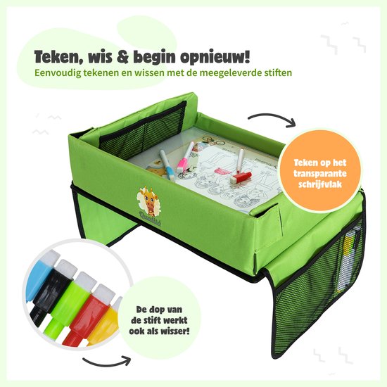 Qualita® Reistafel voor Kinderen Groen – Tablet Houder Auto - Autotafel – Speeltafel Auto – Auto organizer Kinderen - Tekentafel Auto – Opvouwbare Reistafel -