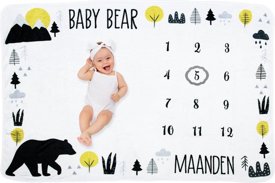 Frummel Mijlpaaldeken ‘Bear’ – Mijlpaaldeken – Mijlpaal baby – Kraamcadeau Jongen – Kraamcadeau Meisje – Baby Shower Cadeau – Baby Cadeau – Mijlpaaldeken in het Nederlands – Moederdag cadeau - 100 x 150 cm