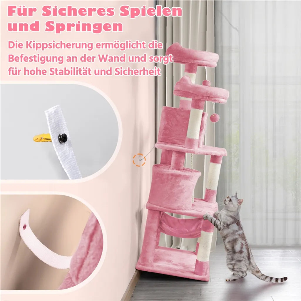 Yaheetech Krabpaal 158 cm - Roze - Kattenboom met 2 Kattengrotten, Hangmat en Sisalpalen