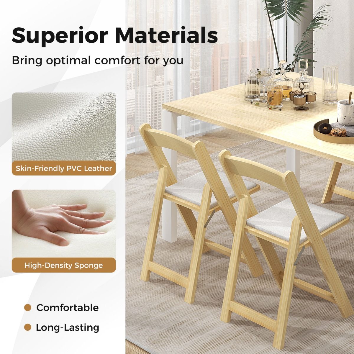 Coast Set van 2 Opvouwbare Eetkamerstoelen – 44x47x77 cm – Natuurkleur – Met Rubberhouten Poten en Gevoerde Zitting