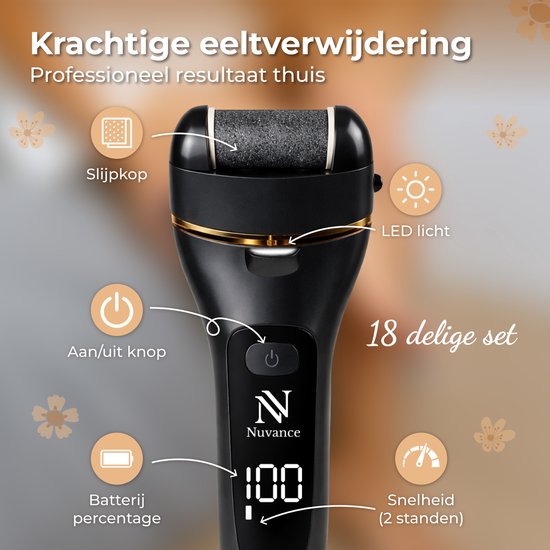 Nuvance Eeltverwijderaars - Pedicureset Electrisch - 18 Delig - Elektrische Eeltverwijderaar - Voetvijl - Professioneel - Zwart