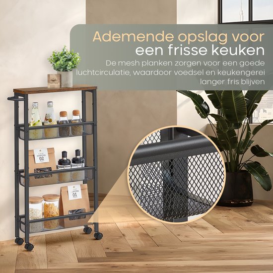 O'DADDY® Keukentrolley - Smalle Rolwagen - Keukeneiland - Serveerwagen - Keukentrolley Op Wieltjes - Keuken Trolley - Industrieel Design - Bruin Hout - Zwart Metaal