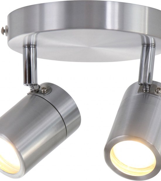 Staalkleurige 2-lichts spot Upround 2487ST - Draaibaar en kantelbaar - Modern design - Inclusief lichtbronnen - Mexlite - Geschikt voor binnen gebruik, IP44, max. diepte 15 cm