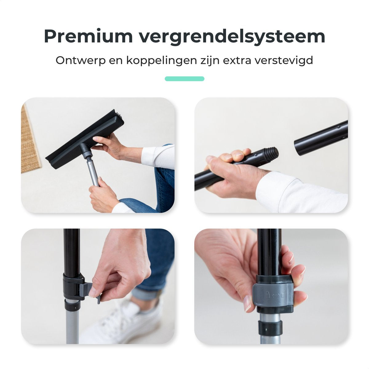 CLEANLY Rubberen Bezem met Vloertrekker 34 cm – Kappersbezem Binnen en Buiten – Verstelbare Steel 114-142 cm – Zwart/Grijs
