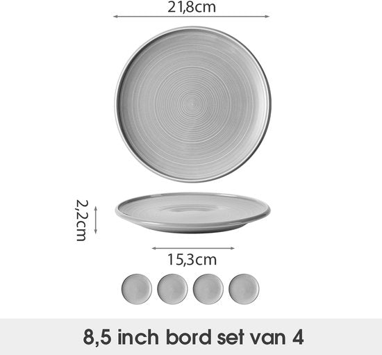 Dinerborden set van 4 (Ø21,8cm / 8,5inch), Bordenset, Ontbijtborden, Dessertborden, serviesset 4 persoons, Geschikt voor restaurants, Horeca, Feest, familiefeesten, banketten en picknicks, Magnetron-vaatwasserbestendig, Keramiek