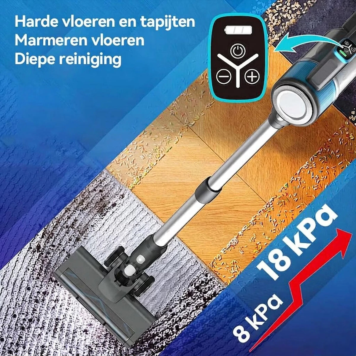 Ochama Draadloze Stofzuiger 4-in-1 - Steel- en Handstofzuiger - 18 kPa Zuigkracht - 40 Minuten Looptijd - LED-display