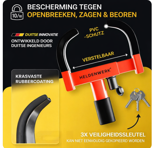 HELDENWERK – Parkklauw & Wielklem – Voor 18-30 cm Bandbreedte – Zwart & Rood Gelegeerd Staal – Met Hoog Veiligheidsslot & 3 Sleutels – Diefstalbeveiliging – Maximaal Veilig