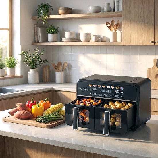 Dubbele Airfryer XXL 11L - PFAS-vrije Heteluchtfriteuse - Infrarood - Dual Zone - 2 x 5.5L - 40–200°C - 8 Kookprogramma's - 2850W - WM-2511 AF - Zwart