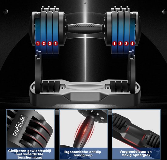 DH FitLife 2 tot 12 kg met 5 Gewichtsniveaus Verstelbare Dumbbells Set voor Krachttraining, Korte Halterset met Ruimtebesparende Halterschijven voor Thuistraining, Korte Halters Verstelbaar, Variabele Gewichten 5-in-1, 2 STUKS