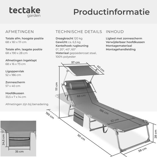 tectake® - ligbed Zonnestoel ligstoel - 4 standen , inklapbaar – grijs - 68 x 190 x 28 cm, met zijvak
