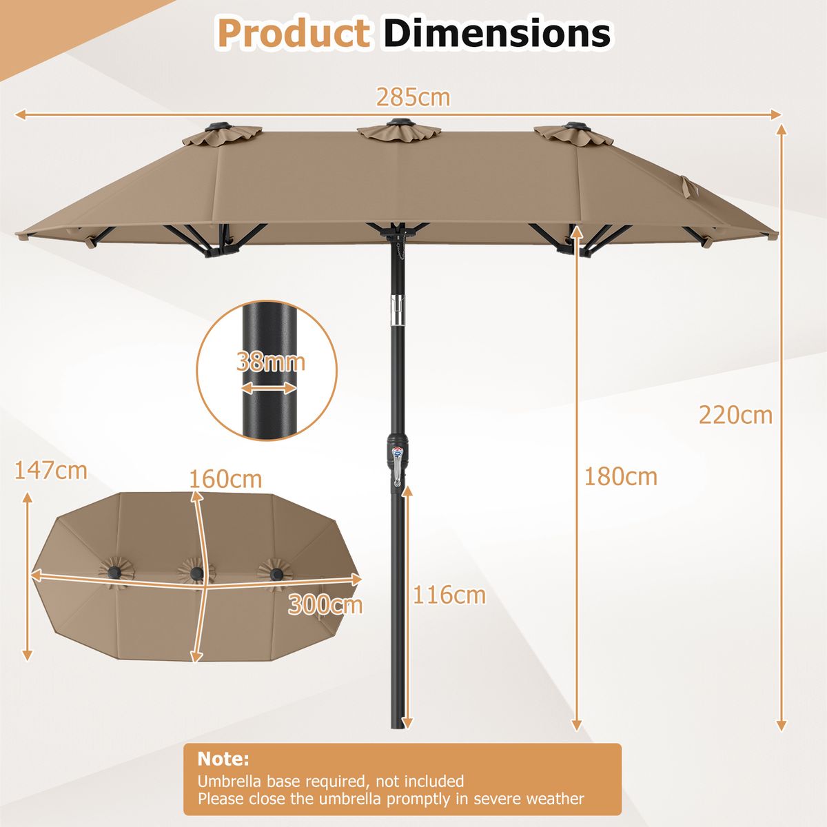 Coast Dubbele Parasol - rechthoekig - met handkruk en kantelfunctie - bruin 300 x 160 cm