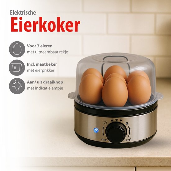 alpina Eierkoker Electrisch 400W – Ei Koker met Timer voor 7 Eieren – Eier Koker met Maatbeker en Prikker – RVS Materiaal met Afneembaar Eierrek – Transparant Deksel