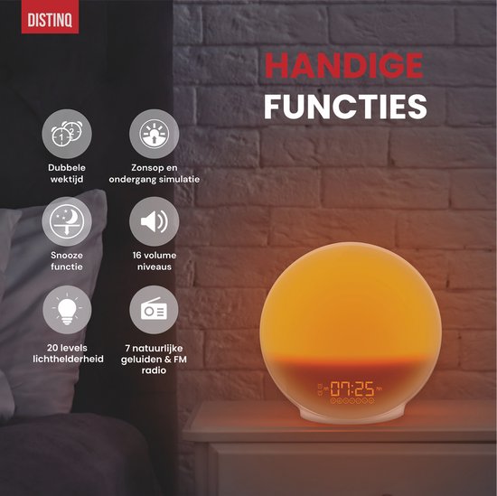 DistinQ Wake-Up Light – Wekkerradio met dubbele wektijd – Slaaphulp met USB aansluiting