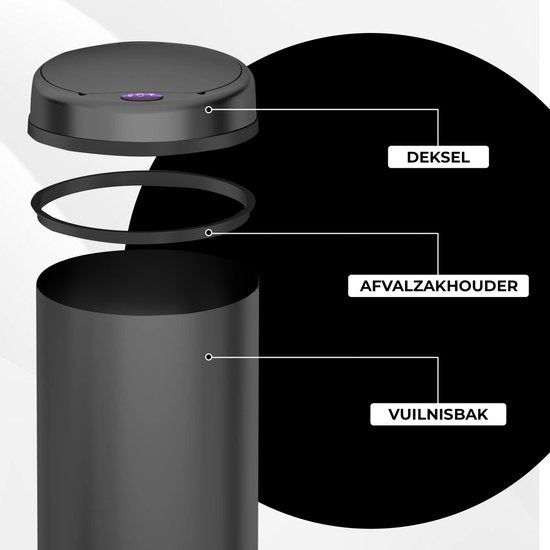 Bayt Prullenbak - Prullenbak 50 Liter - Prullenbak met Sensor - Vuilnisbak - Afvalbak - Afvalemmer - Zwart
