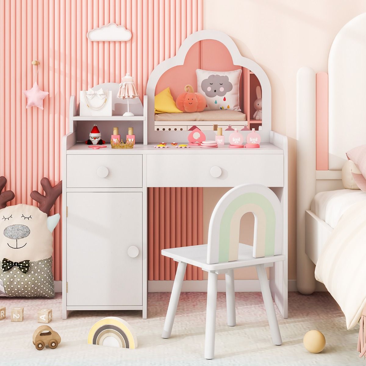 Coast Kinderkaptafelset - wolkvormige spiegel - 2-in-1 kaptafel met kruk - wit