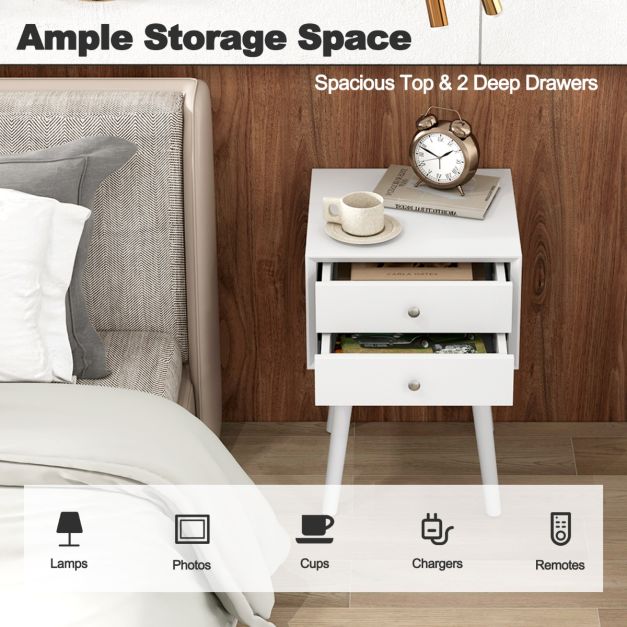Nachtkastje Wit 40x40x59,5 cm – Houten Bijzettafel met 2 Laden en Verhoogde Poten – Coast