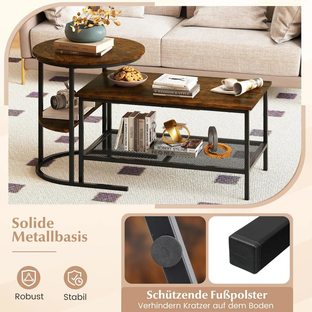 Coast Salontafel Set van 2 – Ovale en Ronde Bijzettafel met Metalen Frame – Bruin