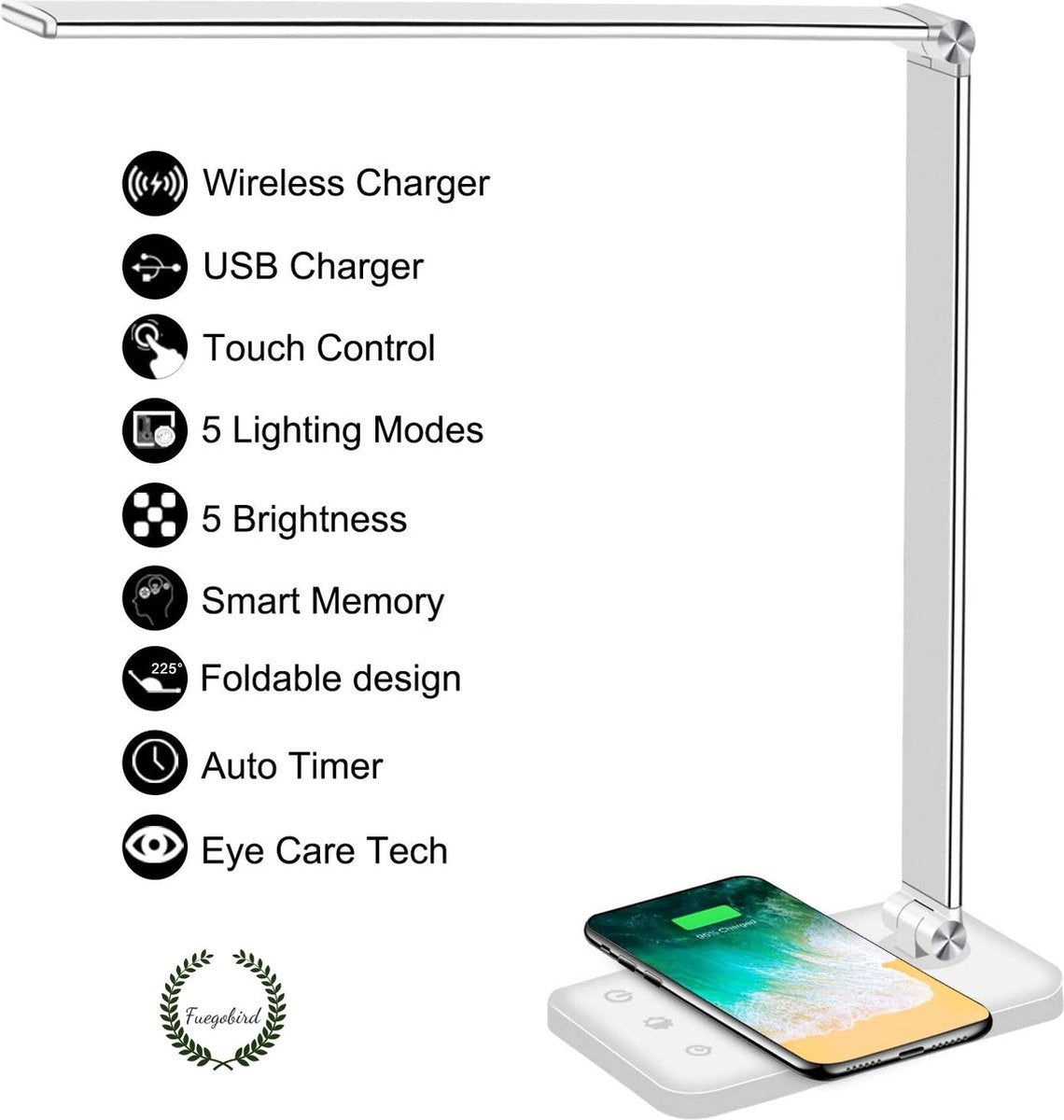 Fuegobird EK009 LED Bureaulamp – Bedrade – Draadloos Opladen Voor Telefoon – Dimbaar – Opvouwbaar – Smart Touch - Qi-Technologie – Wit