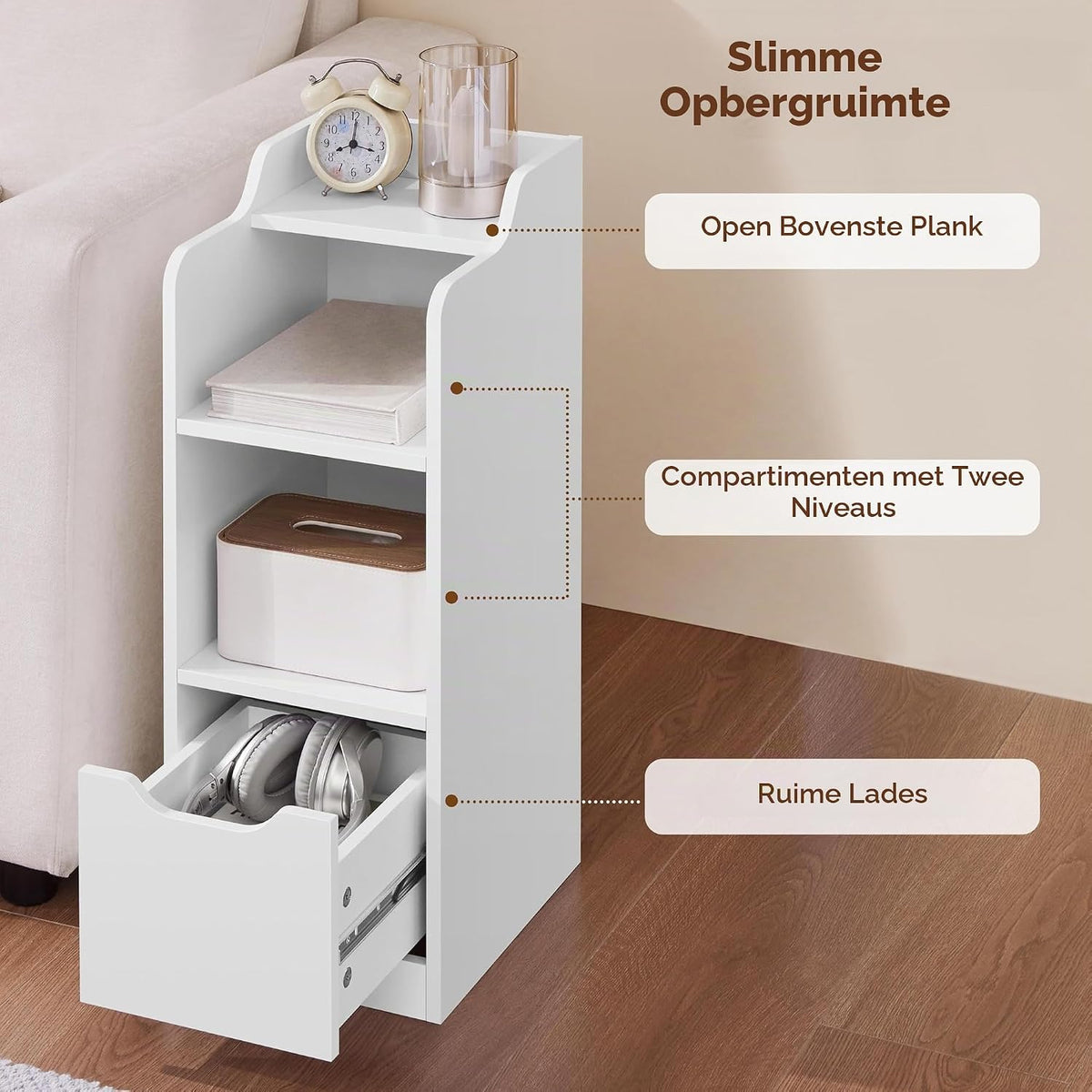 Yaheetech Smalle Nachtkastje 30x25x65 cm met Lade - 2 Vakken - Wit