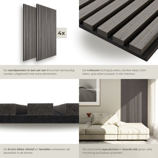 tectake® Akoestische Panelen - Set van 4 - Akoestisch Wandpaneel - 60 x 120 cm - 2,88 m² - Wandpanelen met Aanpasbare Grootte - Lattenwand van MDF en Houtfineer - Geluidsisolatie - Stijlvolle Wanddecoratie - Eenvoudige Montage - Eiken Lichtgrijs