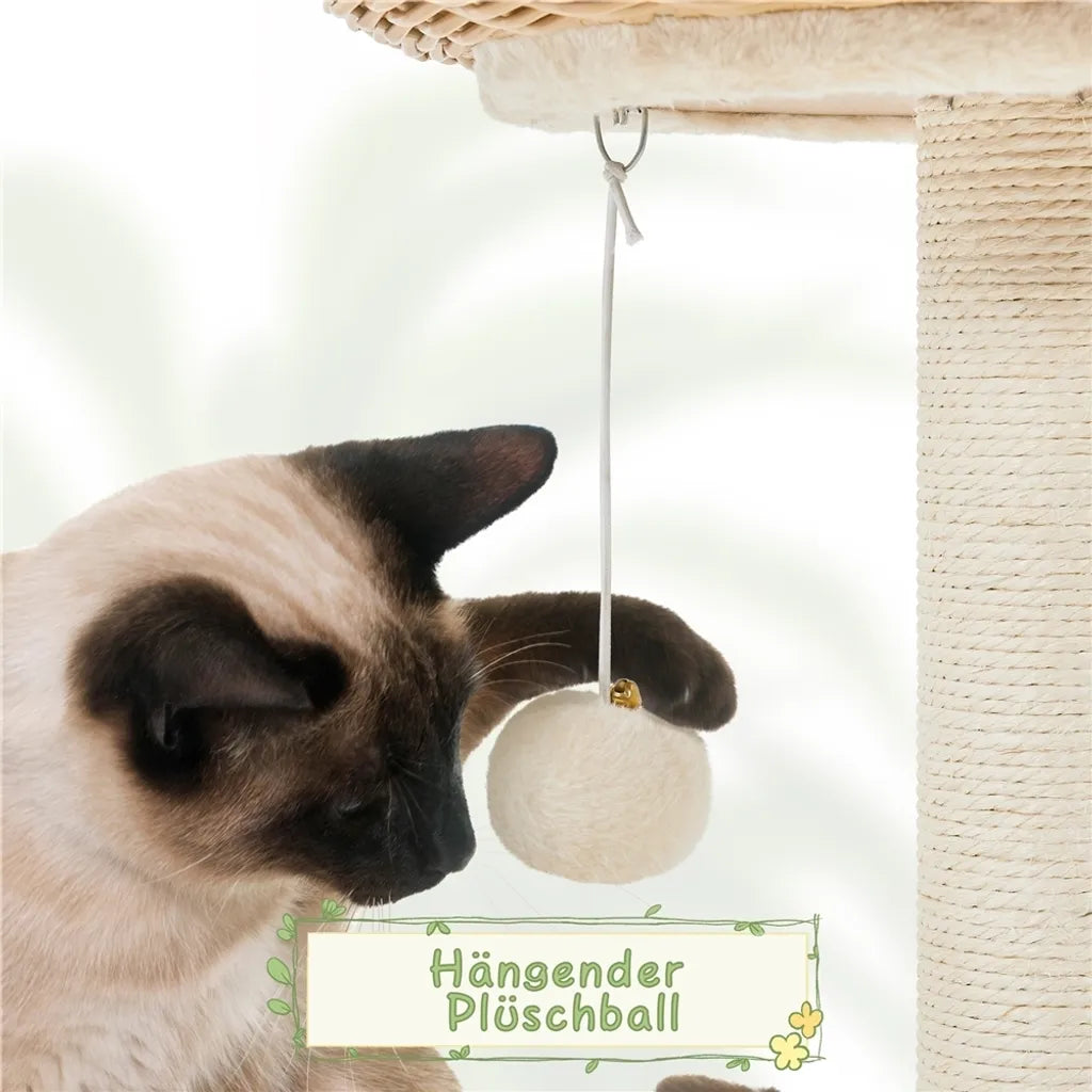 Yaheetech Krabpaal 137,5 cm Rattan met Kattenhuis, Beige